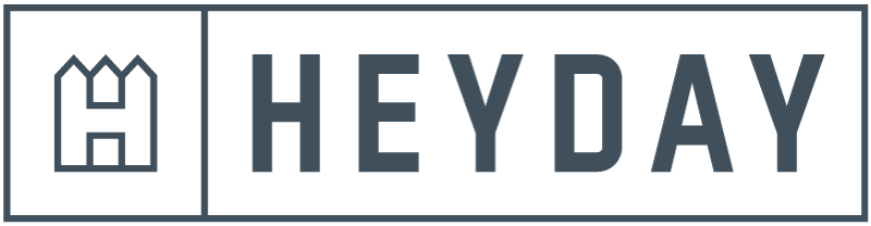 Logo with bold, uppercase HEYDAY. Left icon: stylized H or building with three peaks and two doors, in gray on a light background.